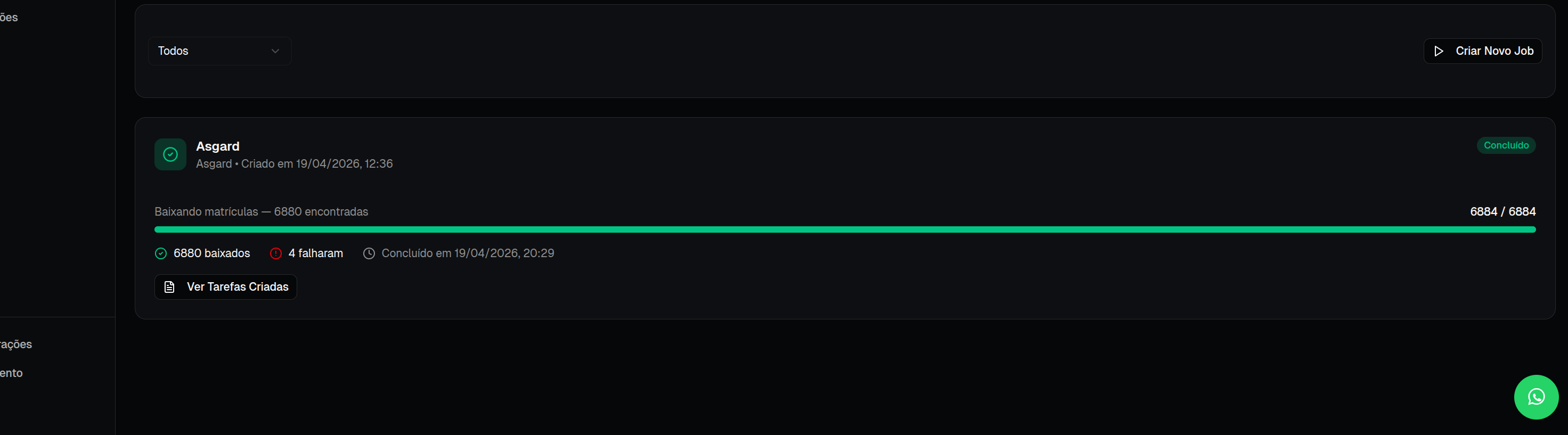 Tela de integrações