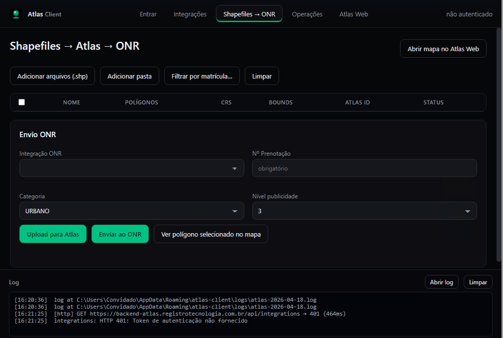 Janela do cliente desktop do Atlas